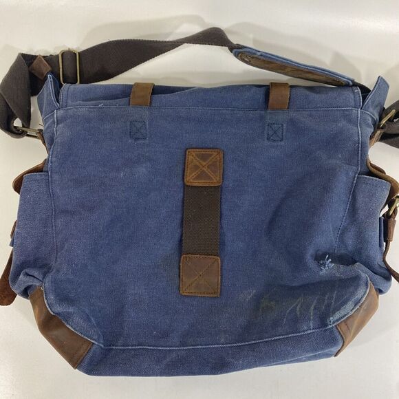 Kattee Canvas Leather Messenger Bag Blue Brown 16” x 15” Camera Weekend - Picture 5 of 10